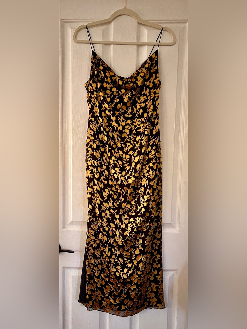 Club Monaco Black Slip Midi Dress with Gold Floral Motif